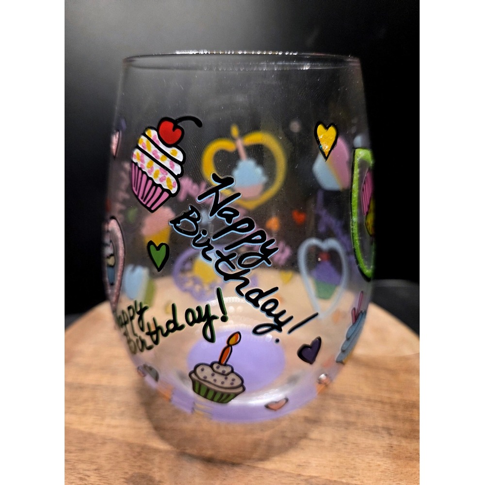 Lolita Birthday Cupcakes Stemless Wine Glass 20oz Multicolor Hand Painted